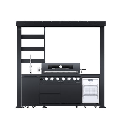 85000 94 - Îlot de barbecue extérieur à 6 brûleurs avec refroidisseur à vin et armoires de rangement. Comprend une hotte à double paroi, une jauge de température et des lumières halogènes. Acier inoxydable 304 de qualité marine