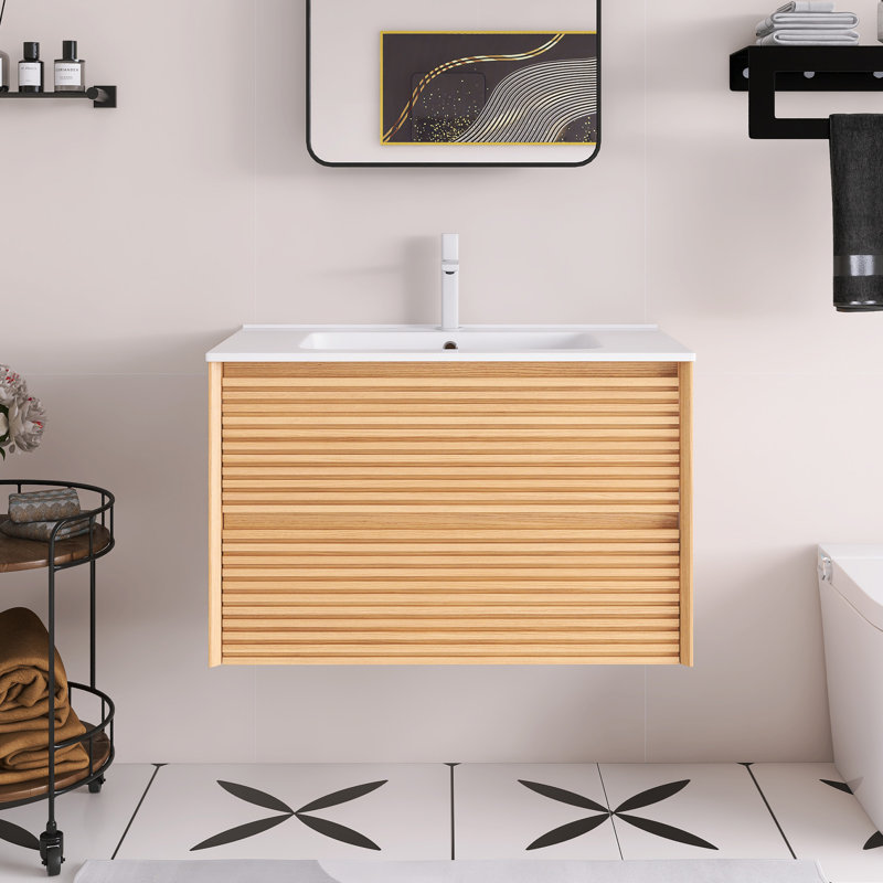 Meuble-lavabo mural en céramique blanc à grain de bois, Chêne, 30