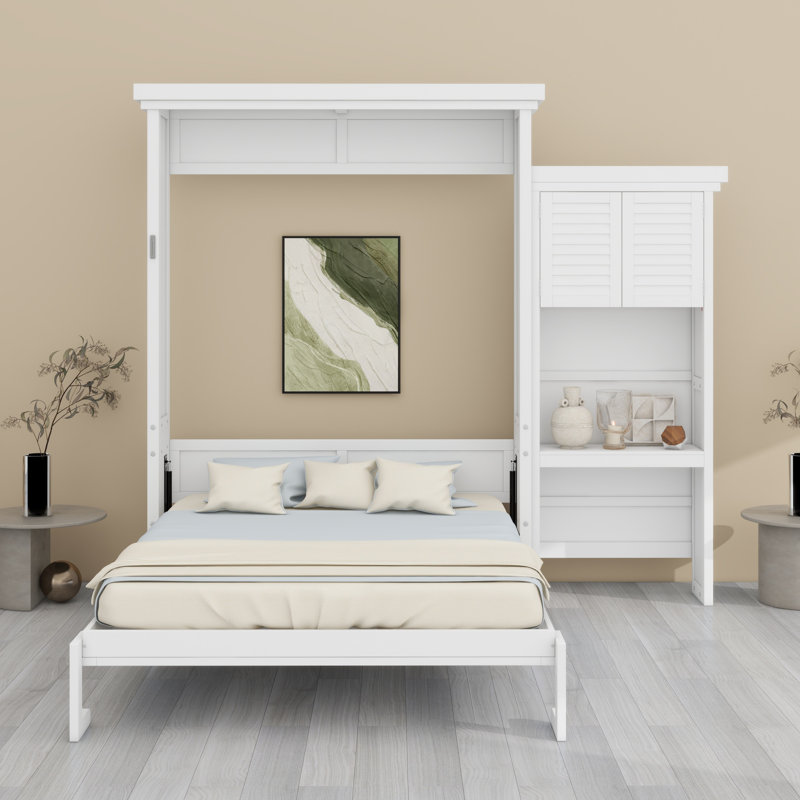 Murphy Bed With Storage Shelves And Louvered Style Decoration, White