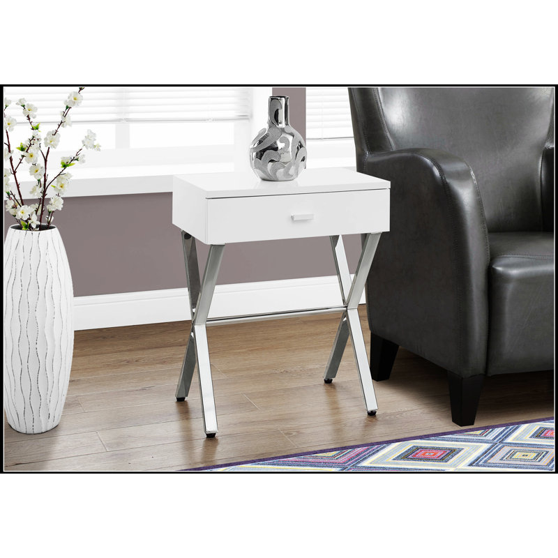 Élégante table d'appoint en métal chromé et blanc brillant avec tiroir de rangement pour les espaces de vie modernes, Blanc