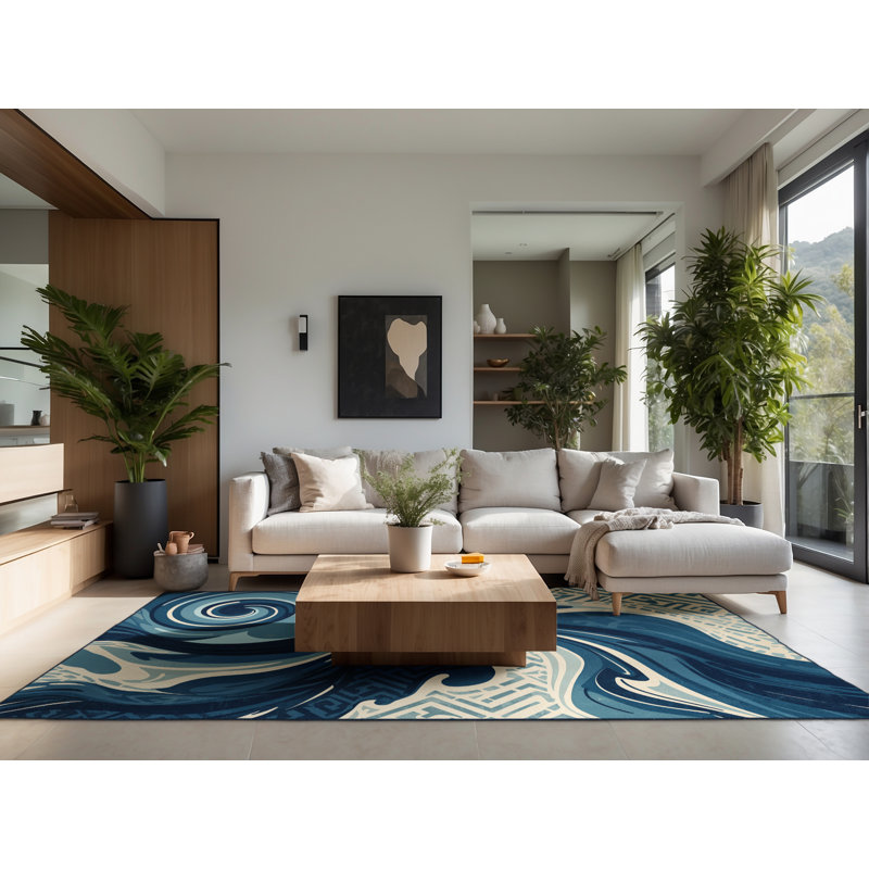 Tapis bleu doux et moelleux à motif abstrait côtier Kline, 6 X 9