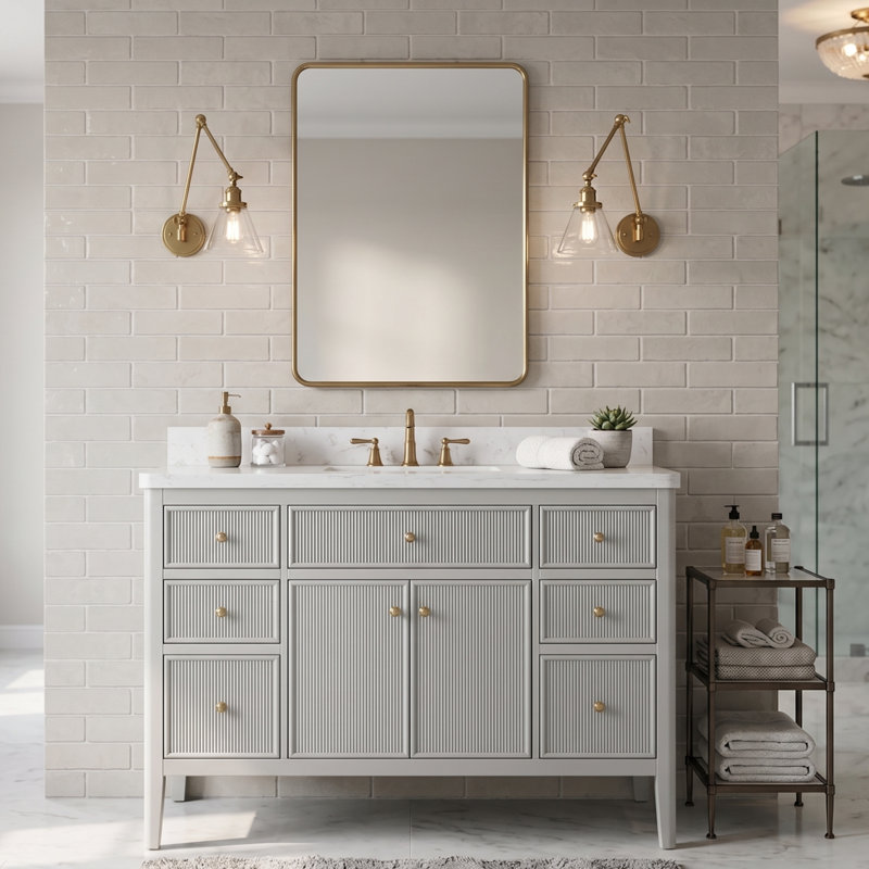 Meuble-lavabo simple 48 po avec plateau en pierre reconstituée de 1,4 po d'épaisseur et structure en bois massif, gris discret