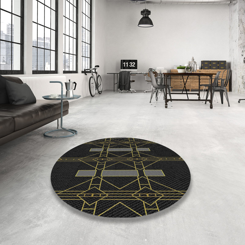 Tapis noir à motifs géométriques, Rond 7 pi