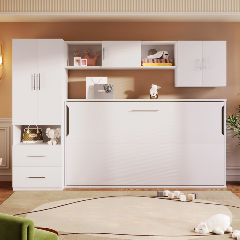 Lit escamotable avec tablettes ouvertes et tiroirs de rangement
