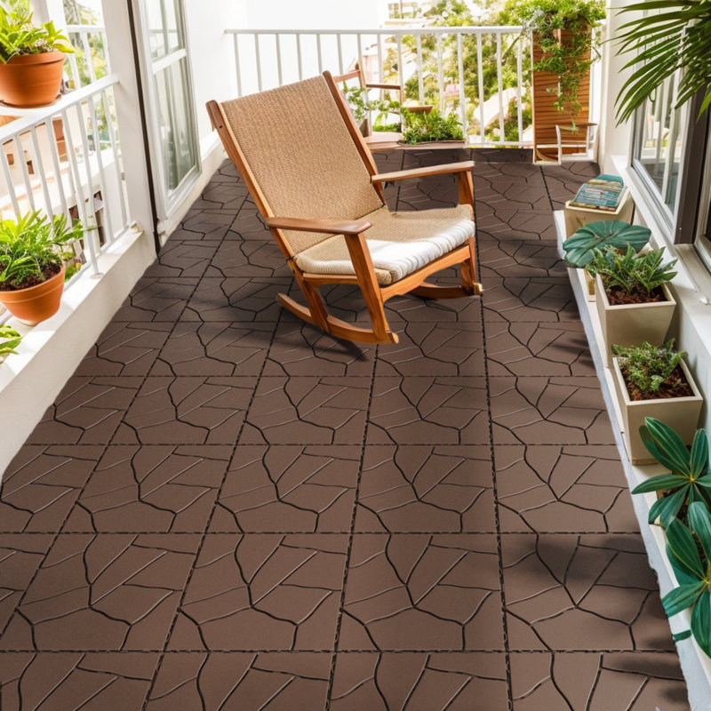 Brown Faux Stone Pattern Interlocking Outdoor Deck Tiles, 12" x 12"