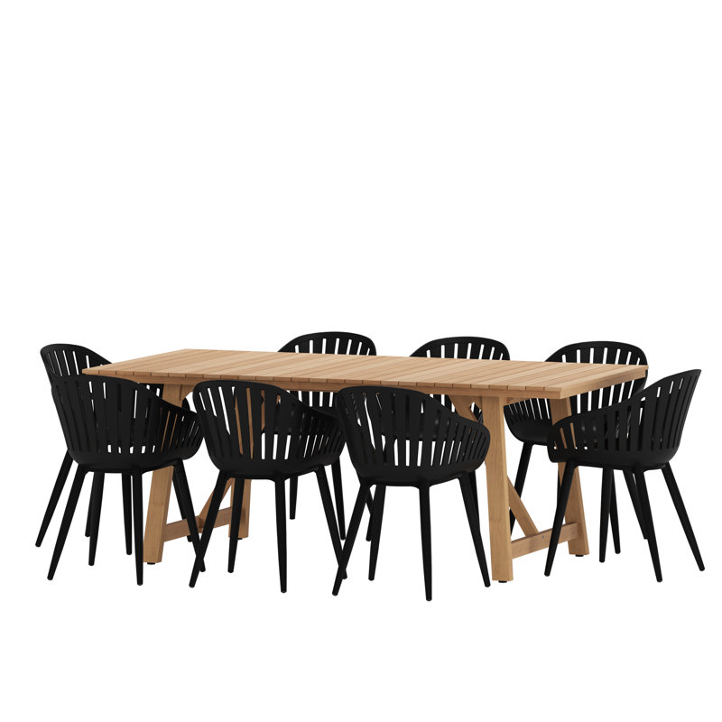 Anautica 8 - Person Teak Wood Patio Dining Set with Rectangular Table, Black
