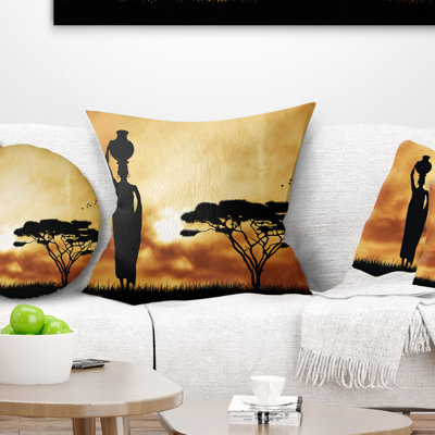 Landscape Printed African Woman and Lonely Tree Throw Pillow