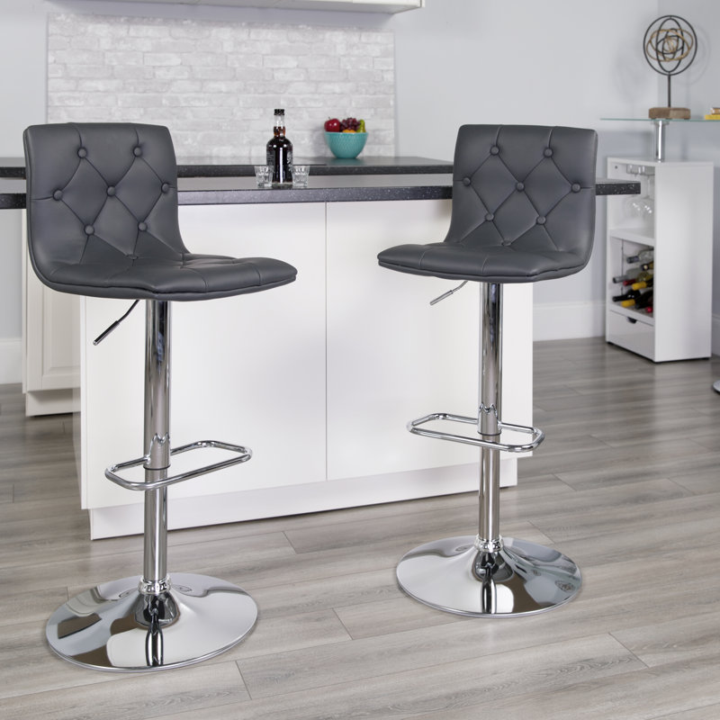 Niven Contemporary Button Tufted Adjustable Height Barstool with Chrome Base, Grey