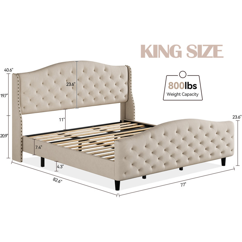 Joreen Upholstered Wingback Bed, King, Beige
