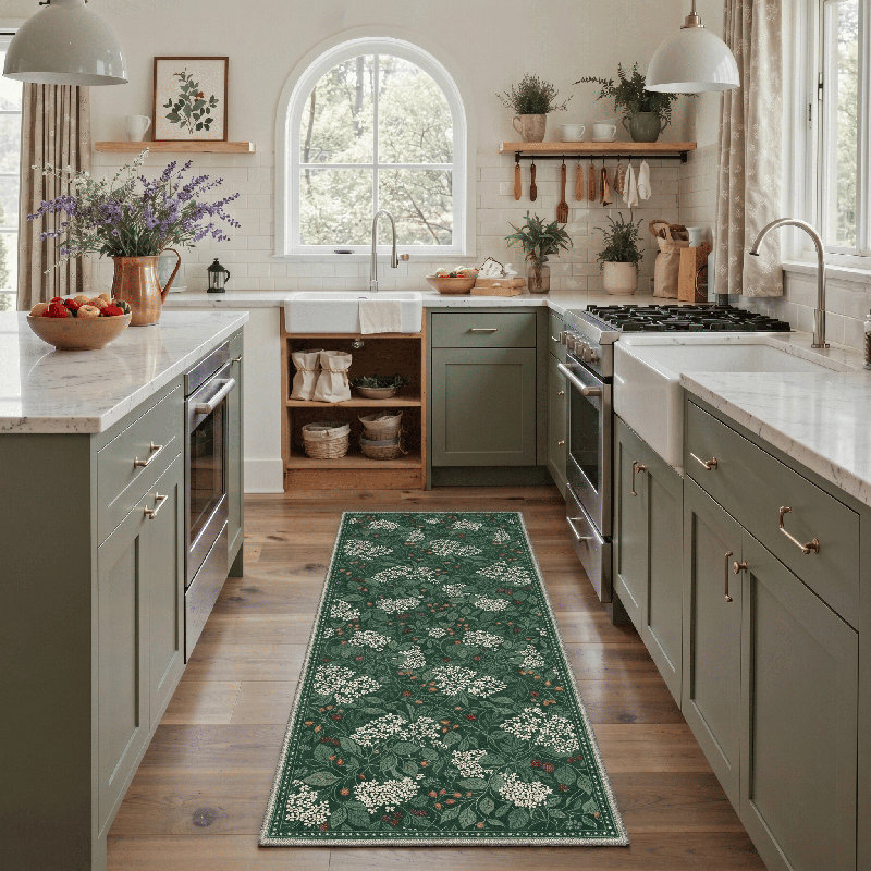 Novara Floral Modern  Machine Washable Green / White Indoor Area Rug with Non-Slip Backing, Runner 2'6" x 8'
