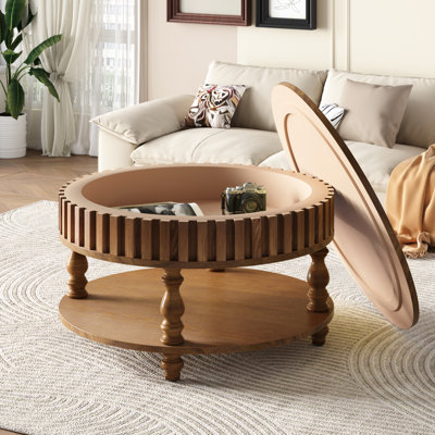 Table basse cannelée ronde de couleur brun rustique, compartiment rabattable et pieds en bois massif pour la table de salon, rangement caché, tablette inférieure ouverte