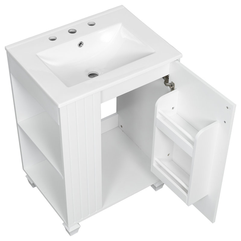 Meuble-lavabo 24 po avec lavabo, armoire de salle de bain avec tablette de porte, rangement latéral ouvert, Blanc