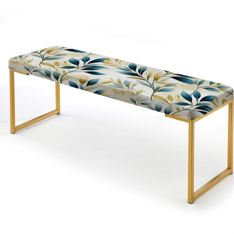 Floral Upholstered Gold Bench, Teal/Gold