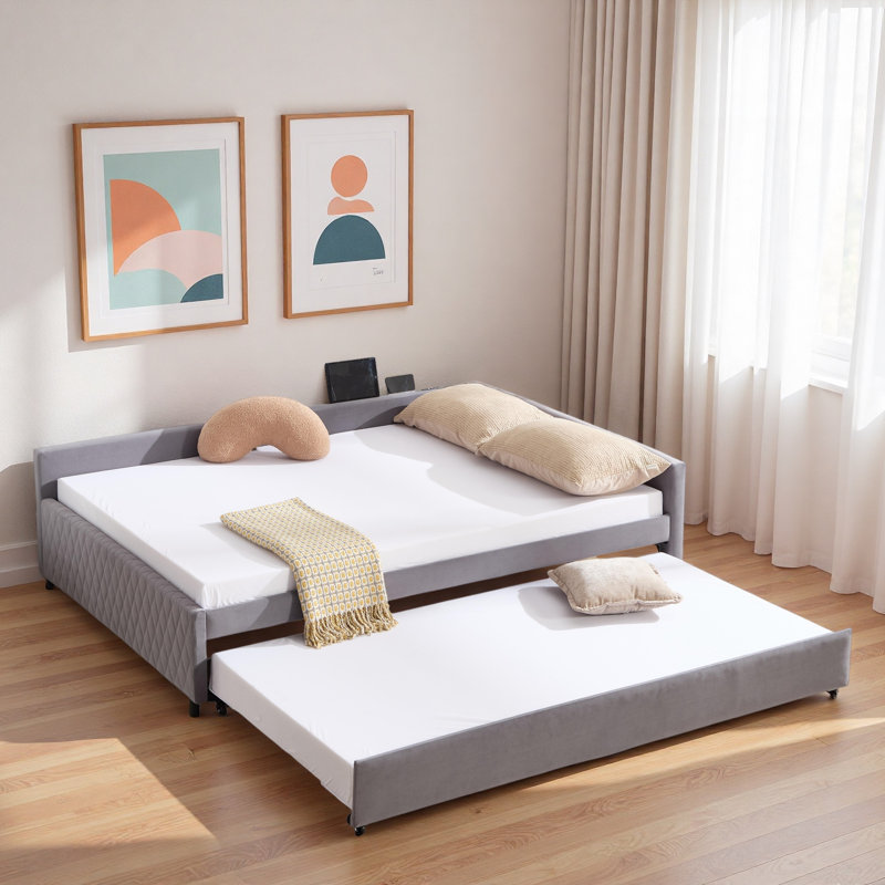 Upholstered Daybed With Trundle And Usb, Gray