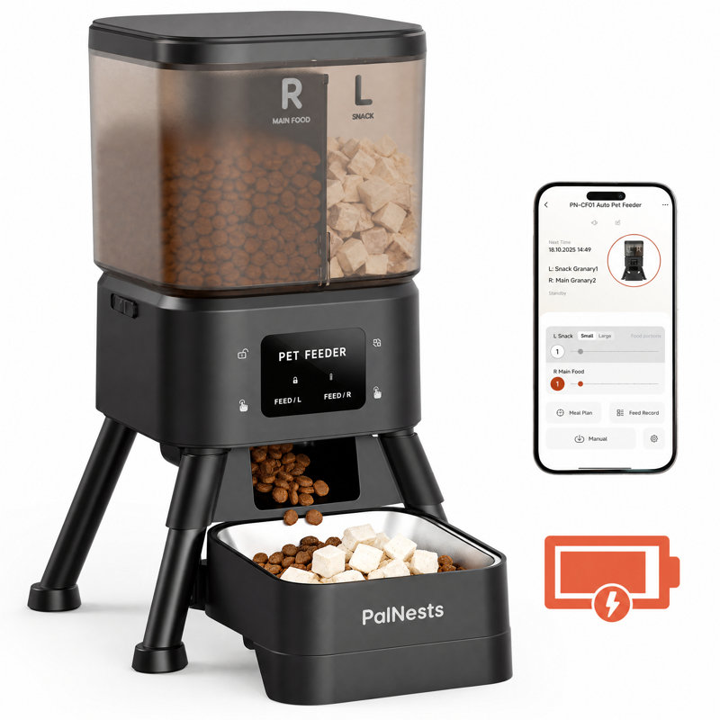 Distributeur automatique de croquettes pour chat de 4 L, à double compartiment, pour croquettes et friandises, contrôlable par application.