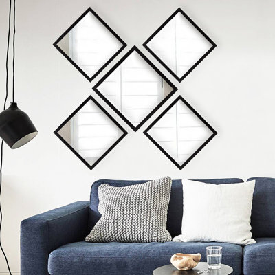 Elegant 5-Piece Mirror Set, 100% Glass, Black & Silver | Includes 4 Mirrors (9.4 x 9.4 inches) & 1 Mirror (13.4 x 13.4 inches) | Durable Laminated Plastic Frame, Perfect for Home Decor & Modern Interiors