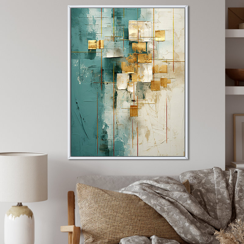 «California Sunshine Retro Abstract Gold Teal», reproduction d'art sur toile, H 40 po x l 30 po x P 1,5 po