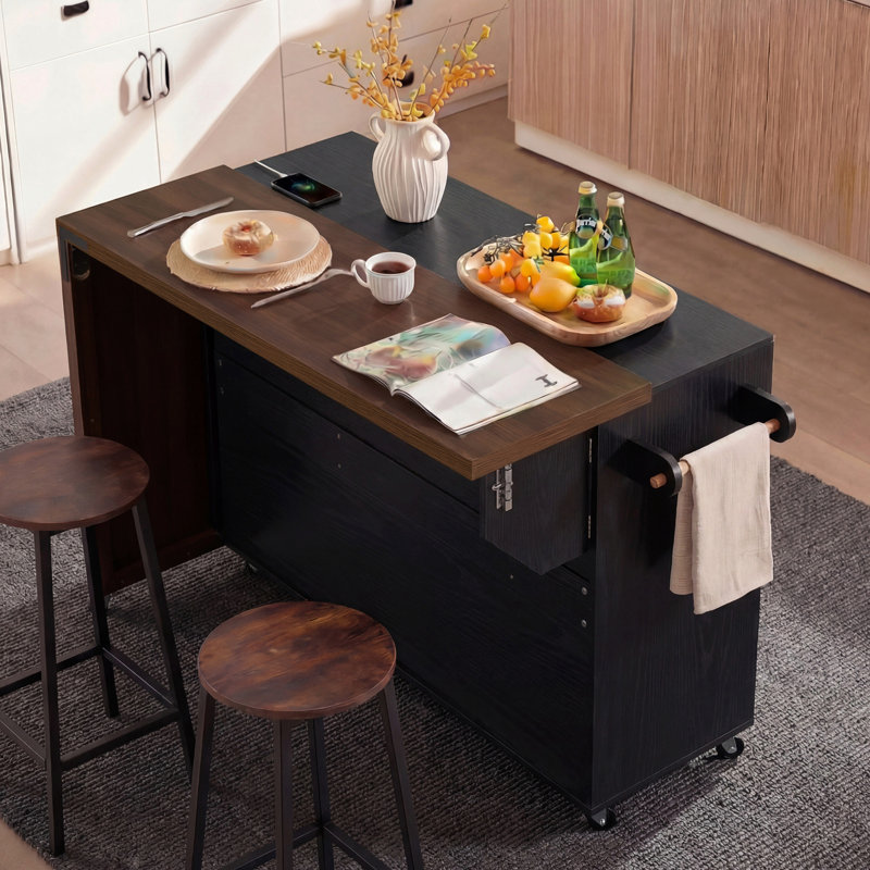 102.3" Rolling Kitchen Island With Extendable Dining Table, Kitchen Cart With Trash Storage Cabinet, 3-Tier Pull-Out Spice Rack
