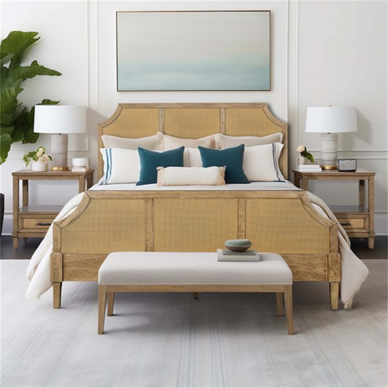 Grand lit plateforme en canne tissé exquis pour une expérience de sommeil confortable et élégante, idéal pour divers styles de décoration de chambre à coucher