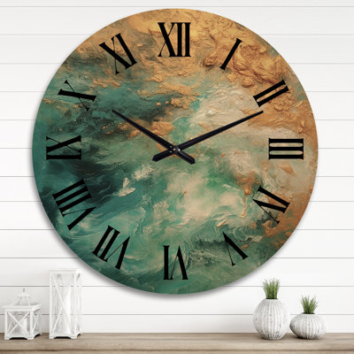 Morning Bliss Gold and Teal Marble Art Gold I - Abstract Painting Oversized Wood Wall Clock