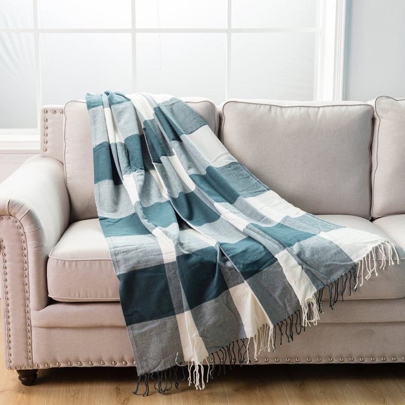 Hand Woven Throw Blanket, Teal/White