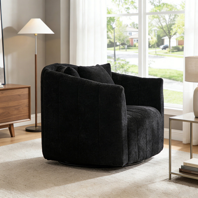 Fauteuil demi-tonneau pivotant de 39 po, fauteuil de lecture rembourré avec coussins (ensemble de 2), Noir