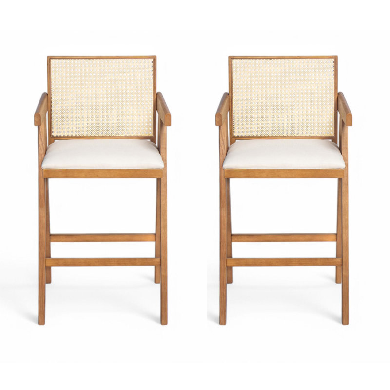 Hassan 27’’ Rubberwood Counter Stools With Cane Webbing, Cream/Natural