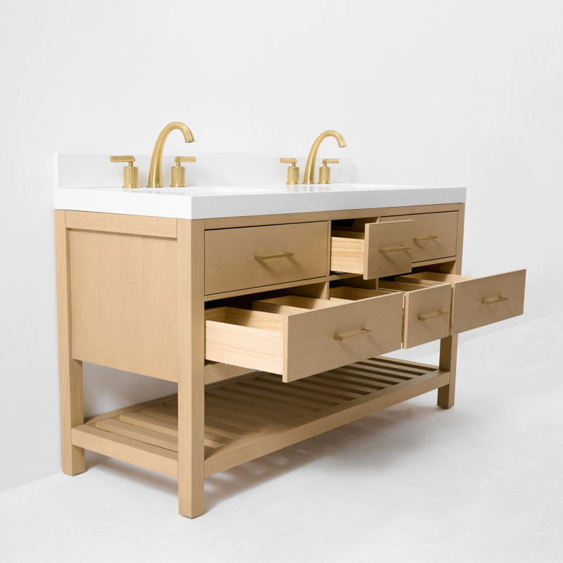 Elizabeth 60'' W Double Vanity, Oak/Rose Gold, Pure White Quartz