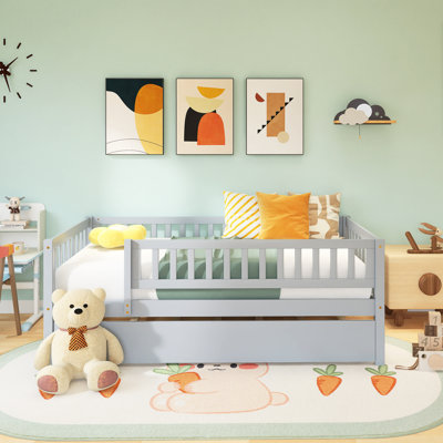 Wood Frame Daybed With Trundle And Fence Guardrails