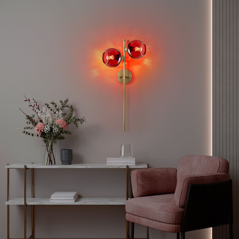 Elegant Wall Lamp with Metal Body & Glass Cap, Red and Gold Finish, 13.8 x 9.8 x 28.3 inches | Socket Type: 2 x E27 Max 40W, IP20 Rated | Perfect for Living Room, Bedroom, or Office Decor, Stylish Lighting Solution