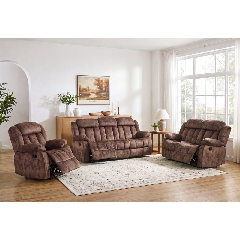 Ensemble de salon inclinable manuel en microfibre 3 pièces 3 pièces, 3 Pcs: Chair,Loveseat, Sofa