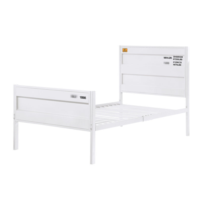Lit double avec finition cargaison blanche, structure en métal et panneaux encastrés, conception de contenant, pieds droits, 21 lattes, aucun sommier requis, poids du produit 76 lb, poids du colis de 84 lb