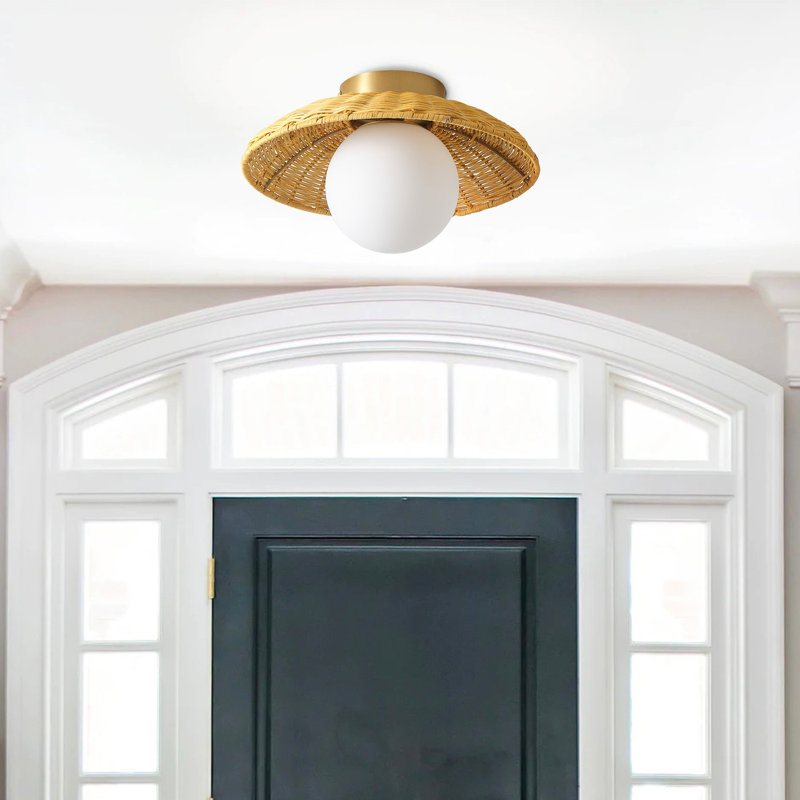 1-Light E12 Brass Flush Mount Ceiling Light with Rattan Shade, Dimmable White Globe Shade, ETL Listed