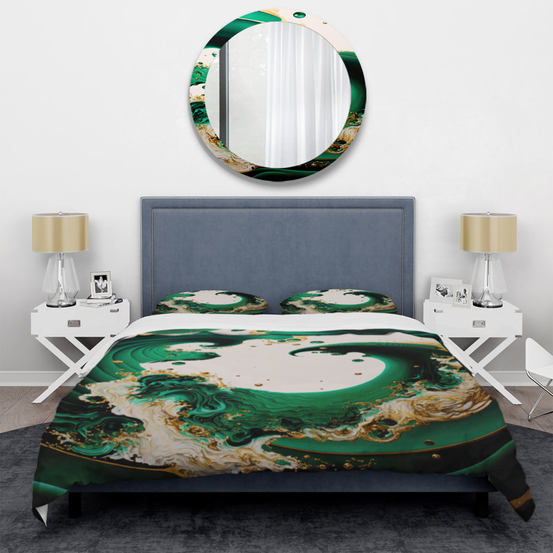 Ensemble de housse de couette en émeraude vert et doré, Housse de couette pour grand lit et 2 taies décor