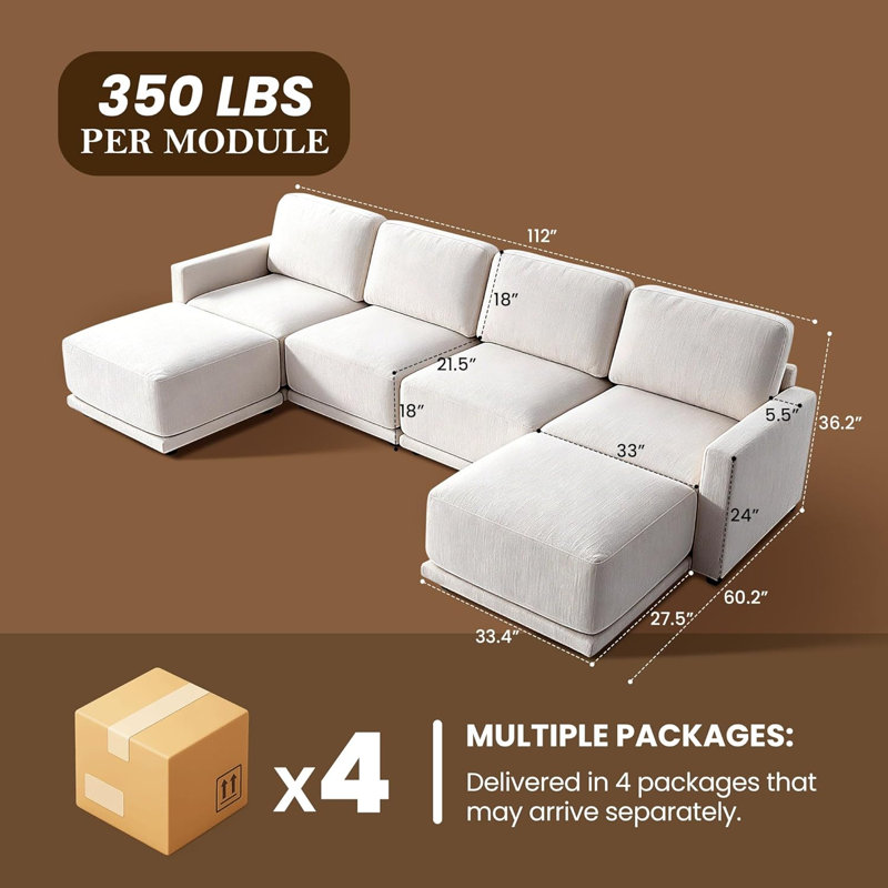 Canapé modulaire en U de 145 po, 4 places avec 2 repose-pieds, blanc, 4 places + 2 repose-pieds, Blanc