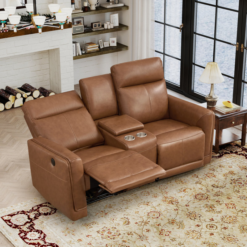 73" W Classic Top-Grain Leather Power Reclining Loveseat With USB & Type-C, Dual Cup Holders & Storage, Caramel Brown