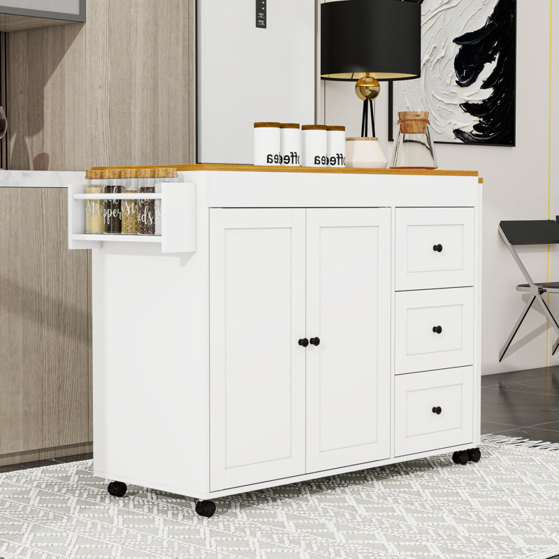 Îlot de cuisine avec table de salle à manger extensible, 3 tiroirs, prise de courant et support à épices, Blanc