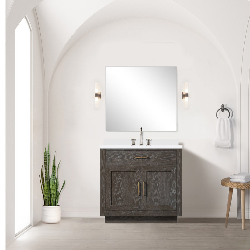 Ensemble de meuble-lavabo simple en chêne noir l 36 po x P 22 po, comptoir en quartz blanc et robinet, Black/Gold