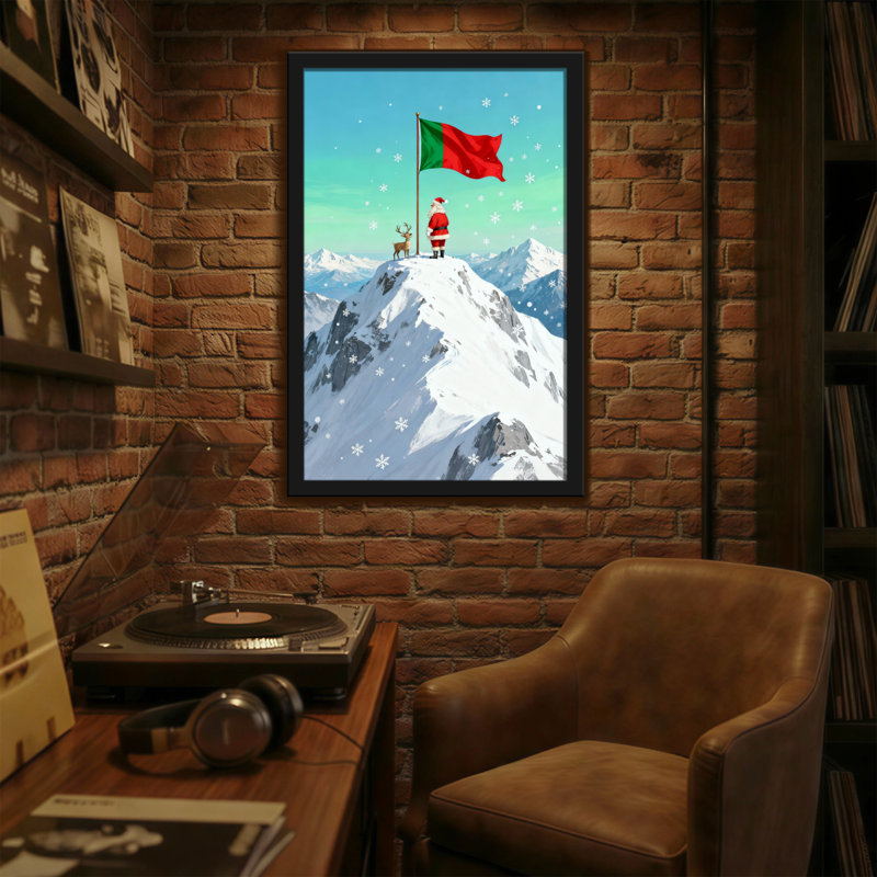 Père Noël et renne de Noël sur un sommet enneigé avec drapeau, H 30 po x l 20 po