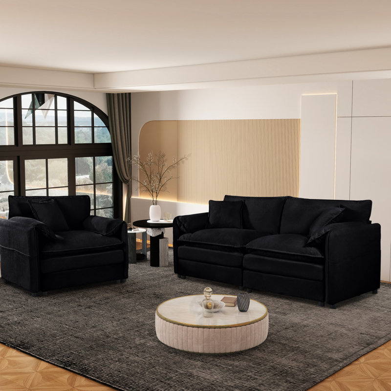 Nuage de luxe en chenille 2 pièces de luxe en noir, 3 coussins pour l'espace de vie principal, doux, chenille froissée, conception modulaire, sièges rembourrés à deux couches et siège profond de 29,92 pouces, avec pièce, chambre à coucher ou