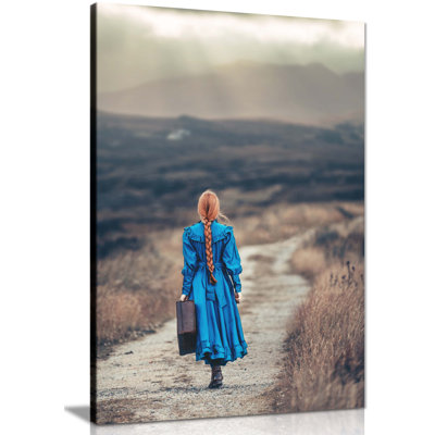 Girl In Vintage Dress On Her Way - Wrapped Canvas Print