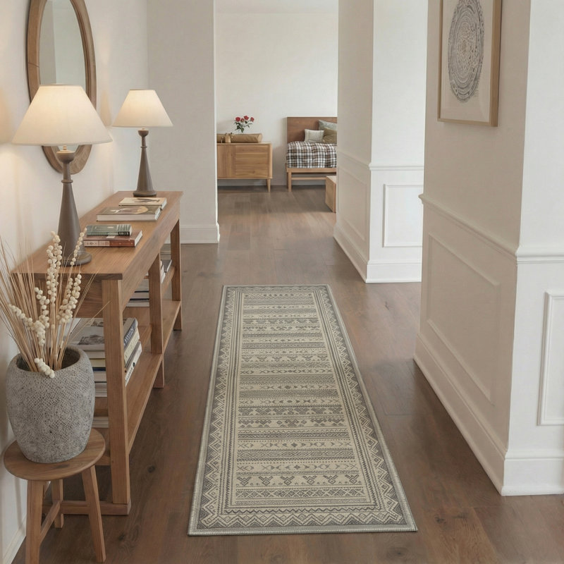 Tribal Geometric Machine Washable Sand Beige Indoor Area Rug With Non-Slip Backing, Runner 2' x 7'