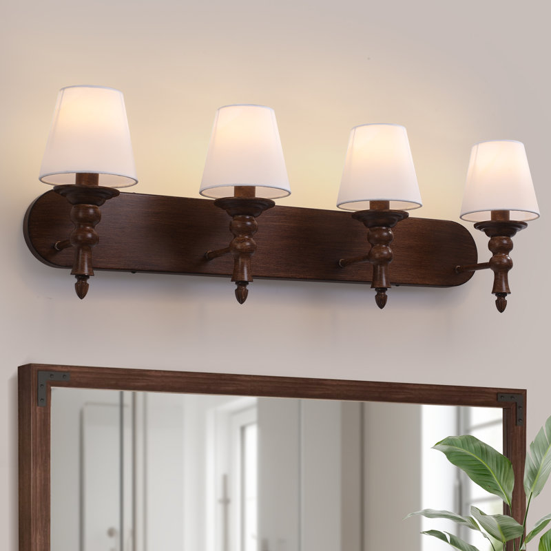 Éclairage de salle de bain 4 lumières à intensité variable avec abat-jour conique en tissu, Brun, Quatre lumières