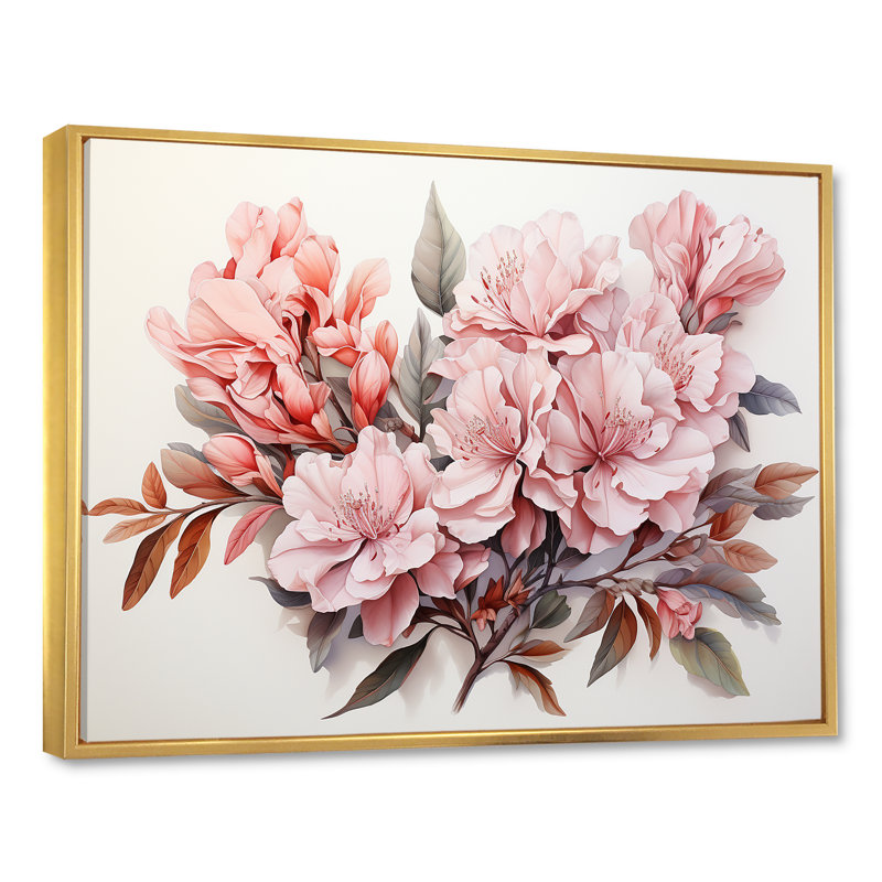 Rhododendron Rêve de minimalisme I - Art mural de salon Rhododendron, Cadre flottant doré, H 34 po x l 44 po x P 1,5 po