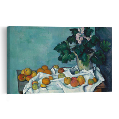 Nature morte aux pommes et au pot de primevères, vers 1890. Estampe d'art mural impressionniste abstraite contemporaine représentant des fleurs et des fruits.