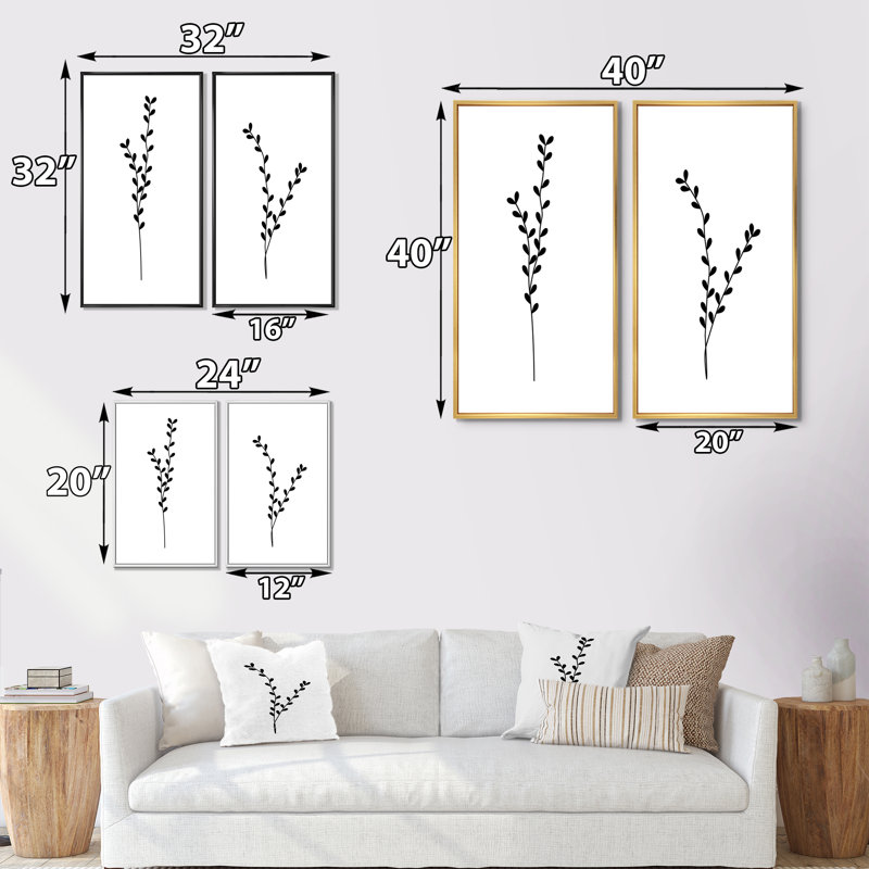 Silhouette unique de plante monochrome Boho I - ensemble de 2 impressions, H 32 po x l 32 po x P 1 po, Cadre noir