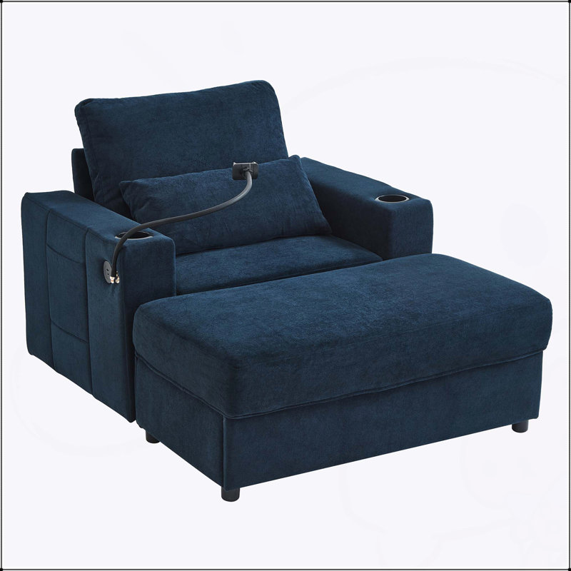 Canapé de style moderne avec repose-pieds avec rangement, ports USB, porte-gobelets et poches latérales pour le salon, Bleu