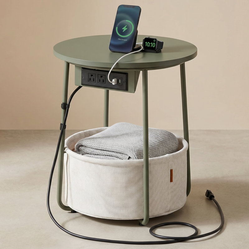 Small Round Side End Table With Charging Station - Modern Nightstand With Usb Ports And Fabric Basket, Forest Green And Cream White
