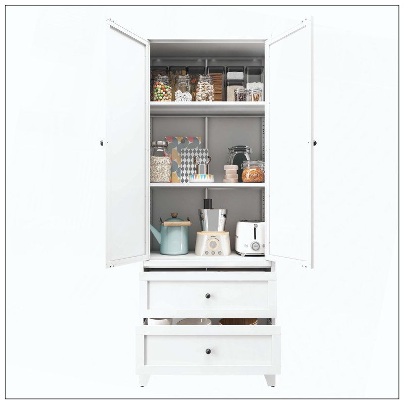 Armoire de garde-manger avec 2 tiroirs, armoire de rangement de cuisine autoportante avec tablettes réglables, organisateur robuste pour les épices, vaisselle, petits appareils de cuisine, garde-manger, salle à manger