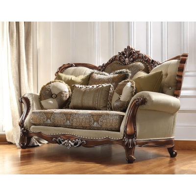 74" Tan And Brown Velvet Damask Curved Loveseat and Toss Pillows